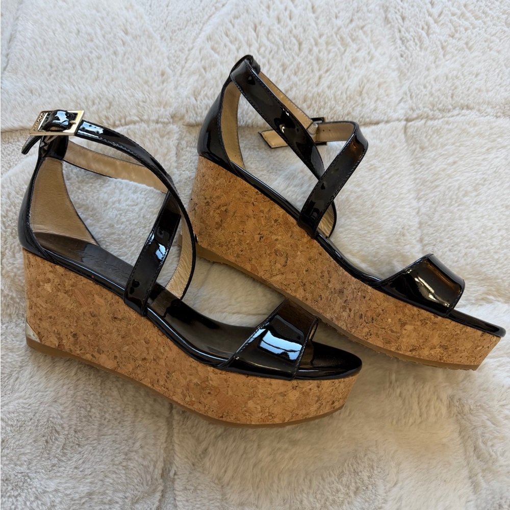 Jimmy Choo Black Patent Cork Wedge Sandals